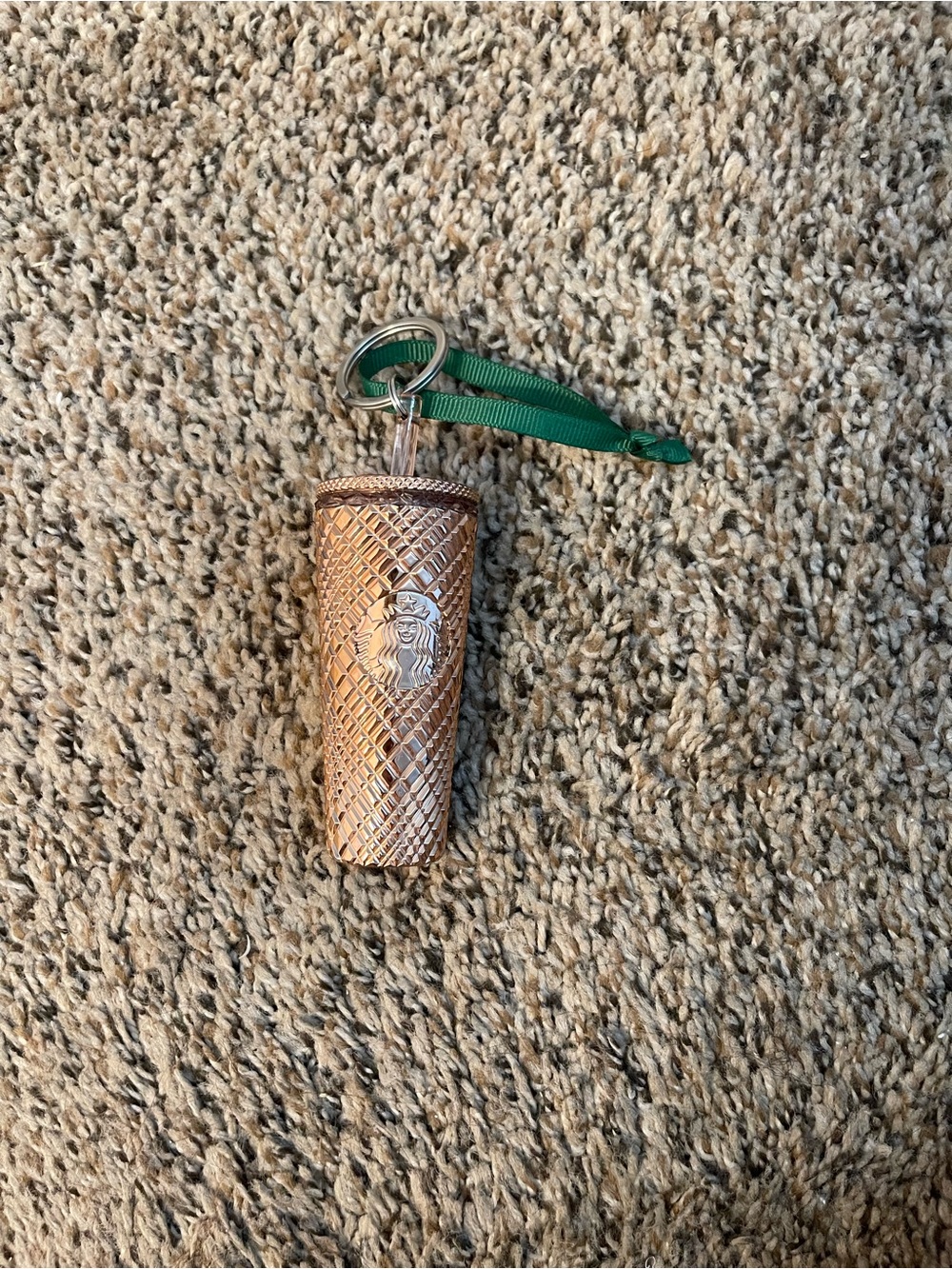 Starbucks Rose Gold Tumbler Keychain with Green Strap and Silver Ring